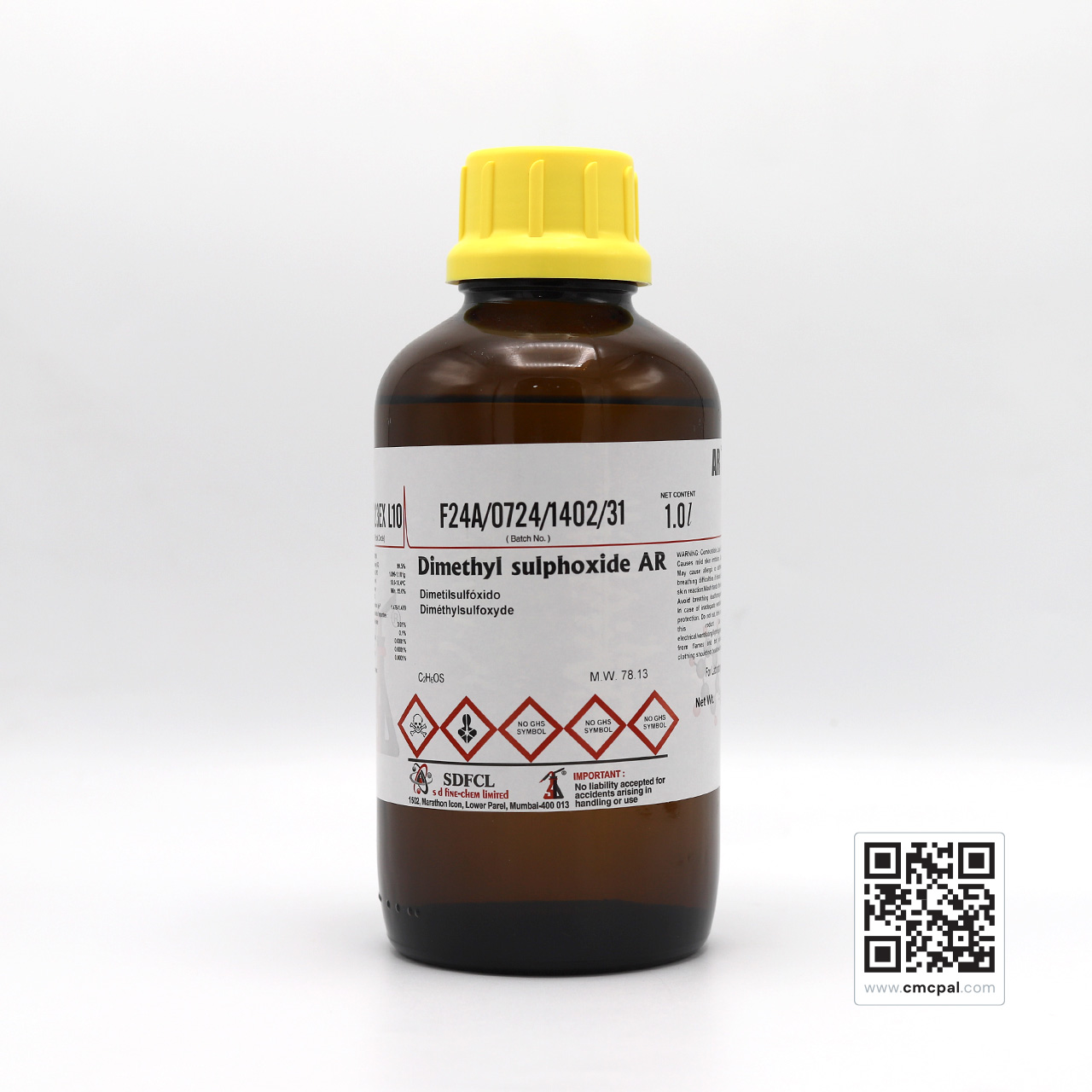 Dimethyl Sulfoxide, AR, 99.5%, Water Max. 0.1% - GL 45 Amber Glass Bottle 1 Liter - 013203231000